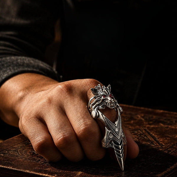 FURIOUS-REDEYE - Gothic Wolf Knuckle Joint Full Finger Ring for Men & Boys