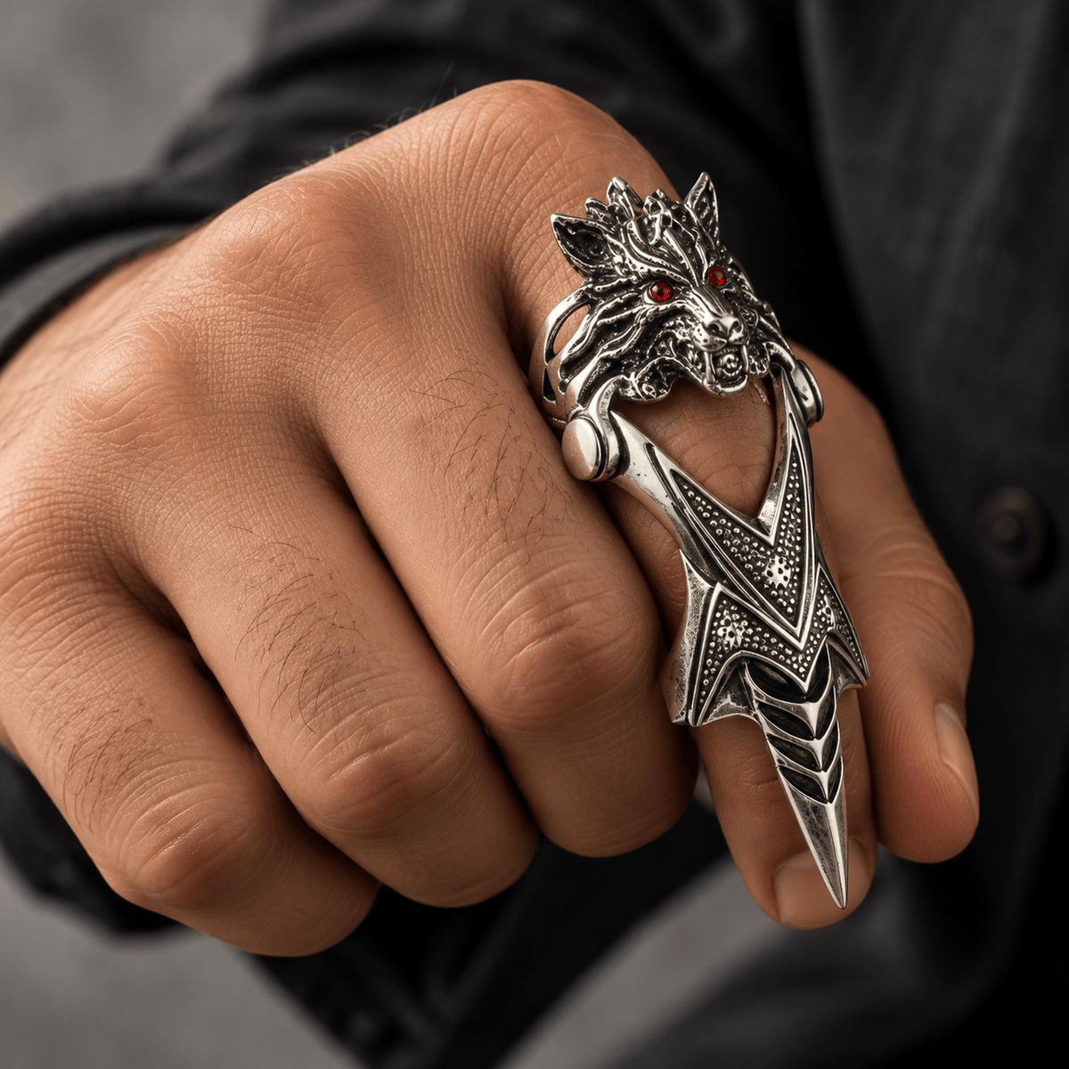 THE MEN THING Rings FURIOUS-REDEYE - Gothic Wolf Knuckle Joint Full Finger Ring for Men & Boys