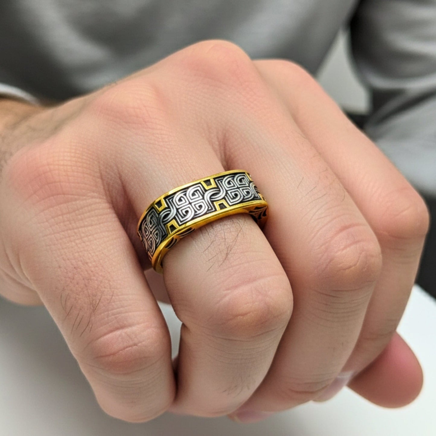 THE MEN THING Rings IMPERIA ETCH - Pure Stainless Steel Men’s Steel - Gold Plated Ring (Size : 17-22-26)