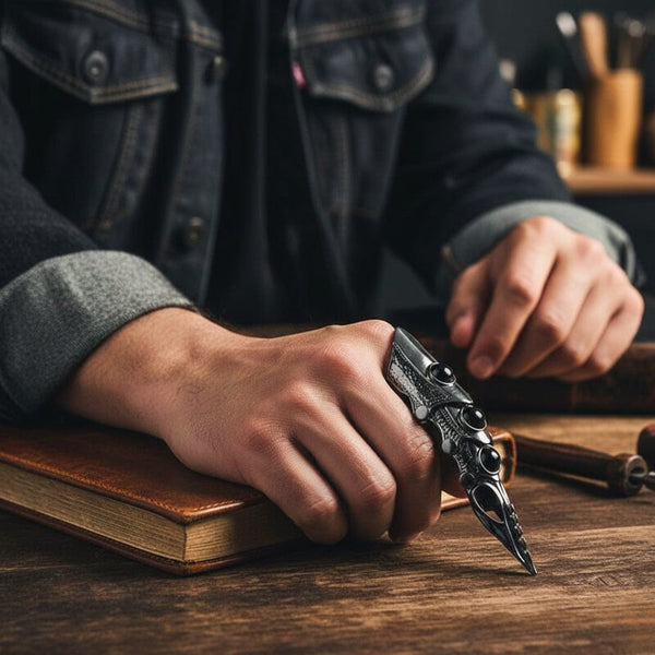 KING-WARRIOR - Black Antique Skull Knuckle Joint Full Finger Ring for Men & Boys