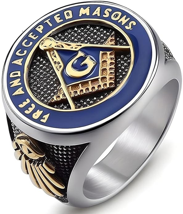THE MEN THING Rings MASONIC SIGNET - Pure Titanium Rings For Men, Luxury Style, Blue Gold Tone (Size : 17-21- 24)