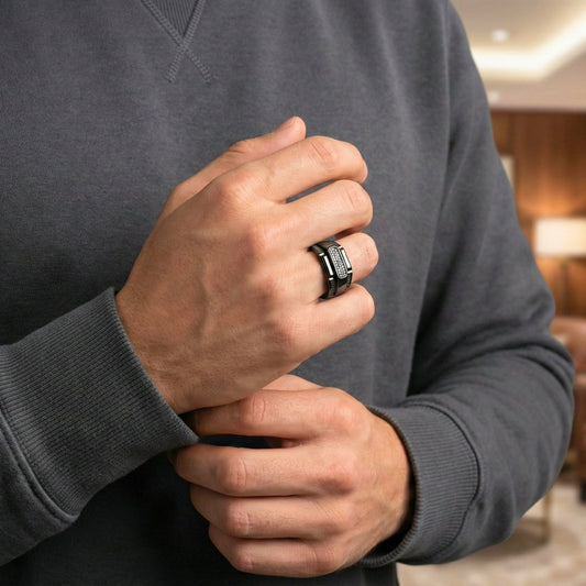 THE MEN THING Rings MONARCH BLACK STONE - Pure Stainless Steel Men’s Black Plated Ring (Size : 17-22-27 )