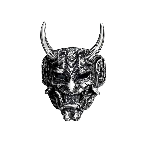 THE MEN THING Rings PRAJNA DEMON MASK - Black Oxy Pure Titanium Steel Rings For Men (Size :  17-21- 24-26)
