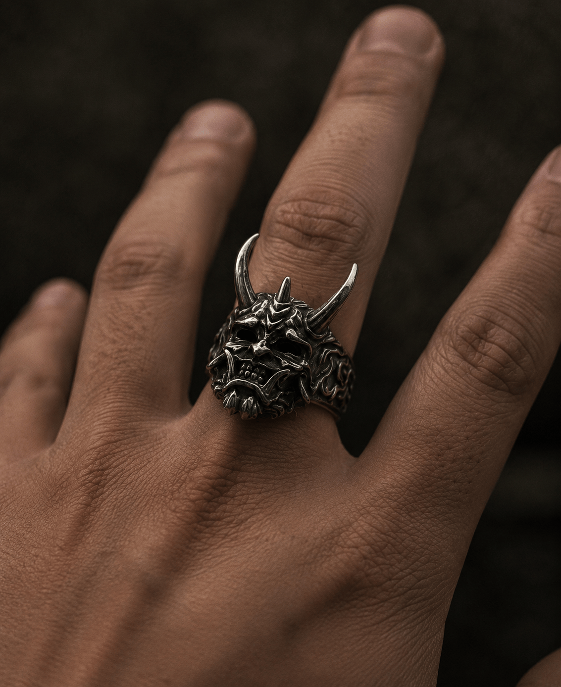 THE MEN THING Rings PRAJNA DEMON MASK - Black Oxy Pure Titanium Steel Rings For Men (Size :  17-21- 24-26)