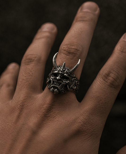THE MEN THING Rings PRAJNA DEMON MASK - Black Oxy Pure Titanium Steel Rings For Men (Size :  17-21- 24-26)