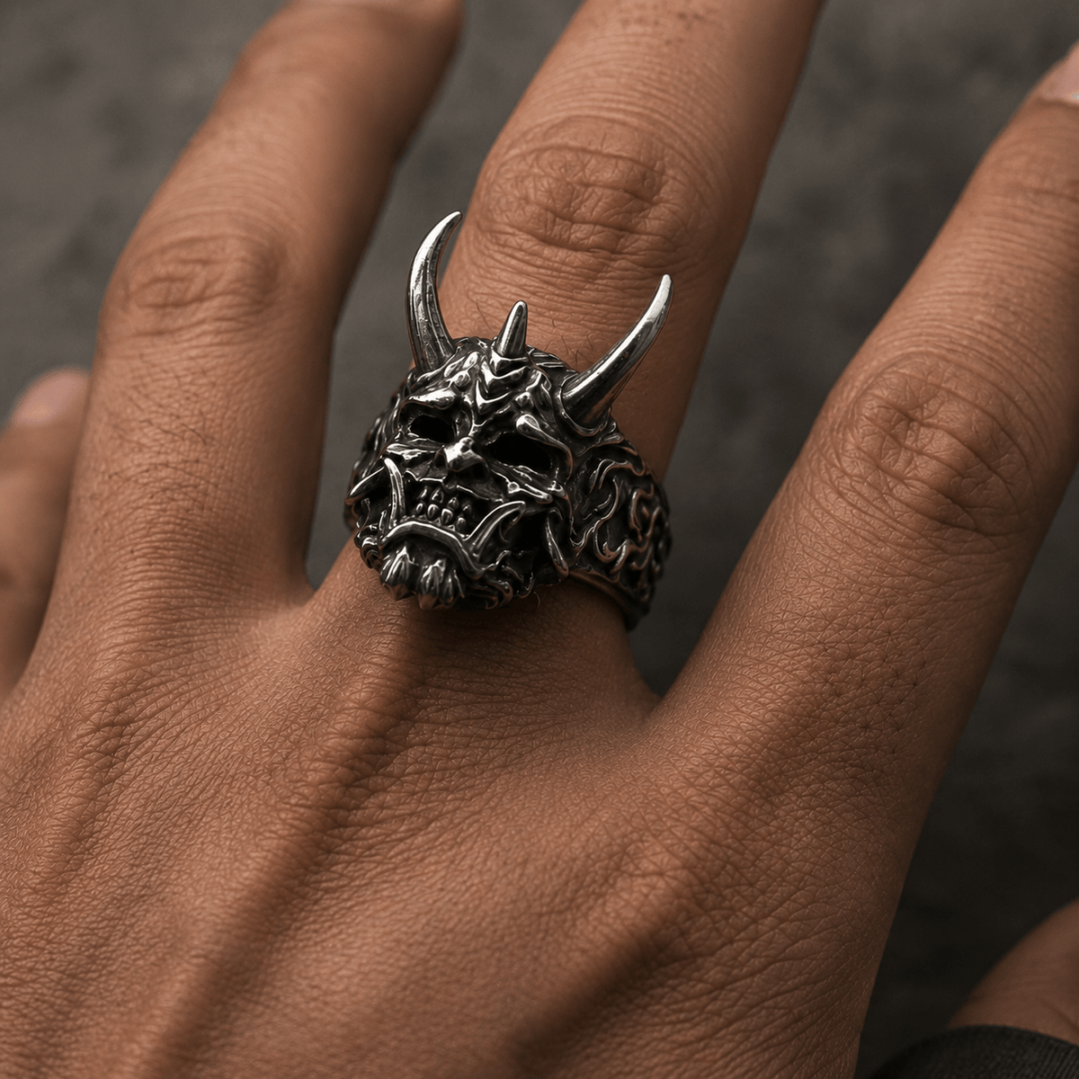 THE MEN THING Rings PRAJNA DEMON MASK - Black Oxy Pure Titanium Steel Rings For Men (Size :  17-21- 24-26)