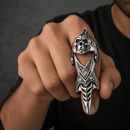 THE MEN THING Rings REDEYEKULL - Red Eye Skull Adjustable Knuckle Joint Full Finger Ring for Men & Boys