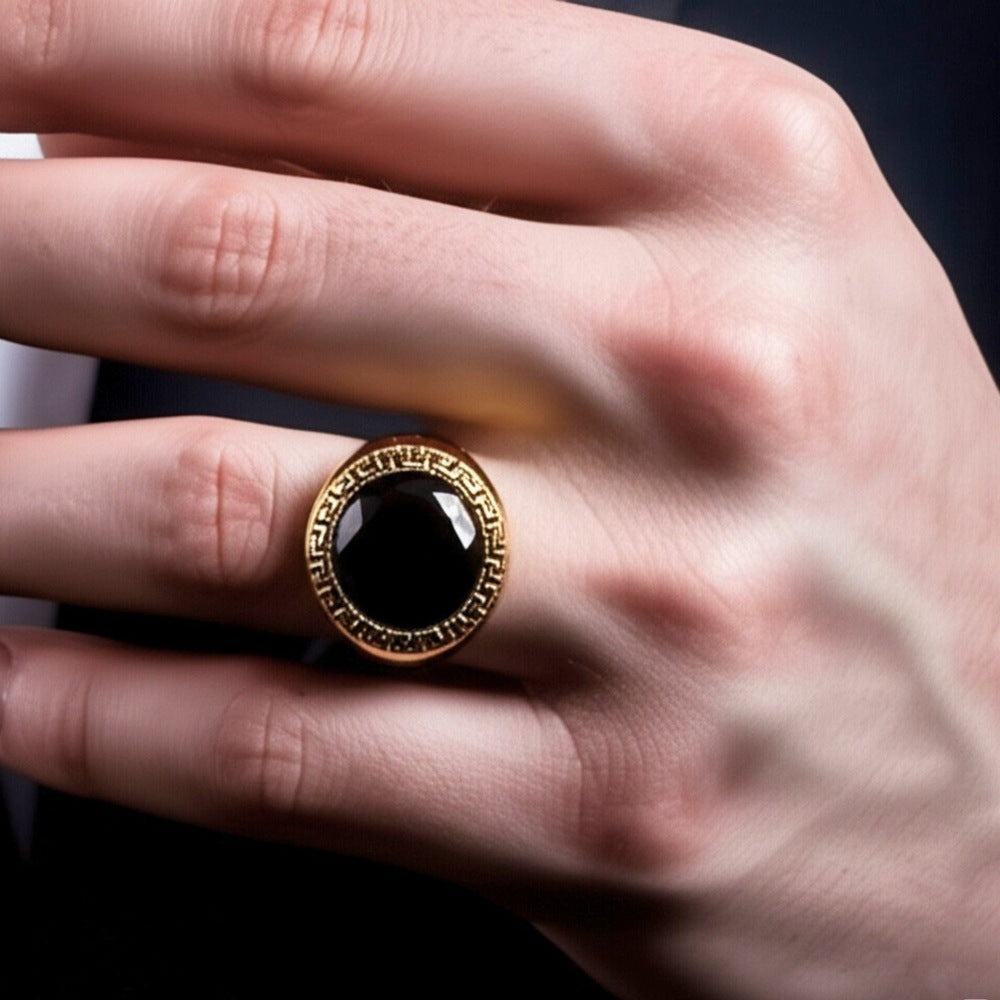 THE MEN THING Rings Royal Series - AETHER SIGNET RING - Pure Stainless Steel Men’s Gold-Plated Ring – Statement Luxury Jewelry (Size : 17-22-27)