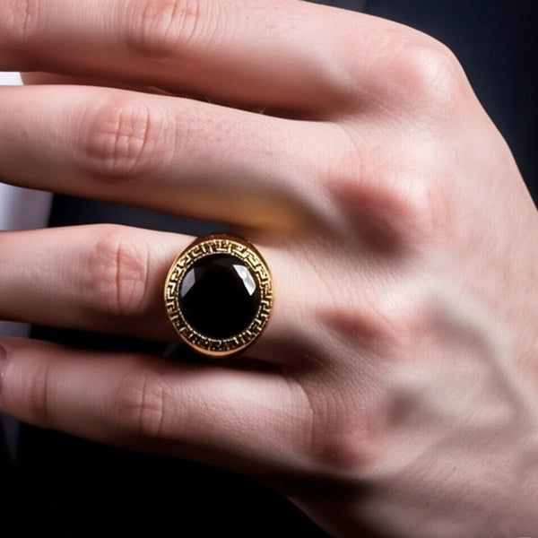 Royal Series - AETHER SIGNET RING - Pure Stainless Steel Men’s Gold-Plated Ring – Statement Luxury Jewelry (Size : 17-22-27)