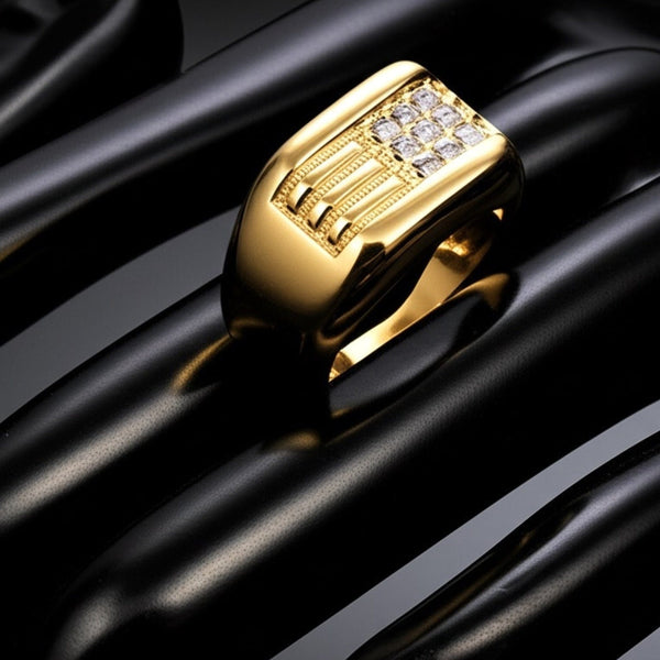 Royal Series - ALPHA BLOCK RING - Pure Stainless Steel Men’s Gold-Plated Ring – Statement Luxury Jewelry (Size : 17-21-26)