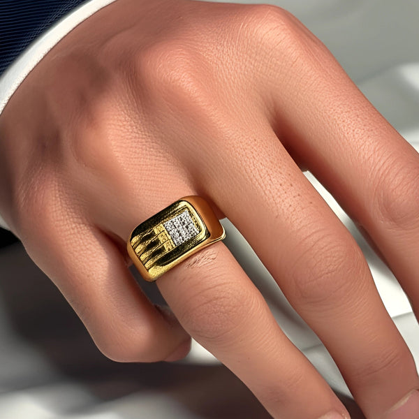 Royal Series - ALPHA BLOCK RING - Pure Stainless Steel Men’s Gold-Plated Ring – Statement Luxury Jewelry (Size : 17-21-26)
