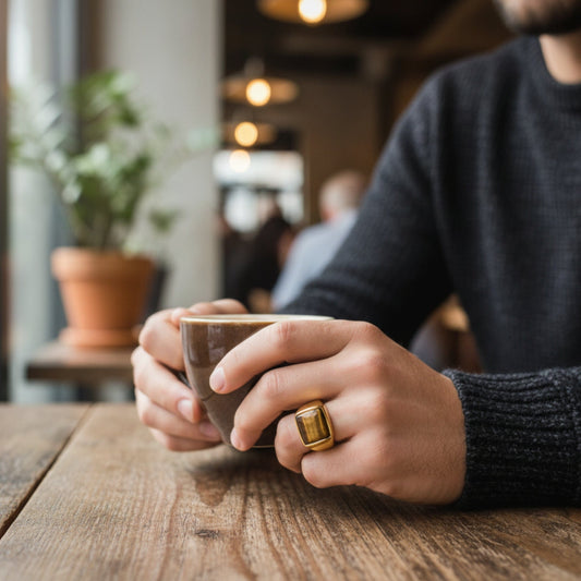 THE MEN THING Rings Royal Series - AMBERSTONE CREST RING - Pure Stainless Steel Men’s Gold-Plated Ring – Statement Luxury Jewelry (Size : 16-21-26)