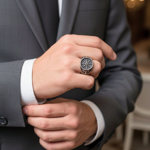 Royal Series - ANCHOR NORTH RING - Pure Stainless Steel Men’s Steel-Plated Ring – Statement Luxury Jewelry (Size : 19-22-24-28-30)