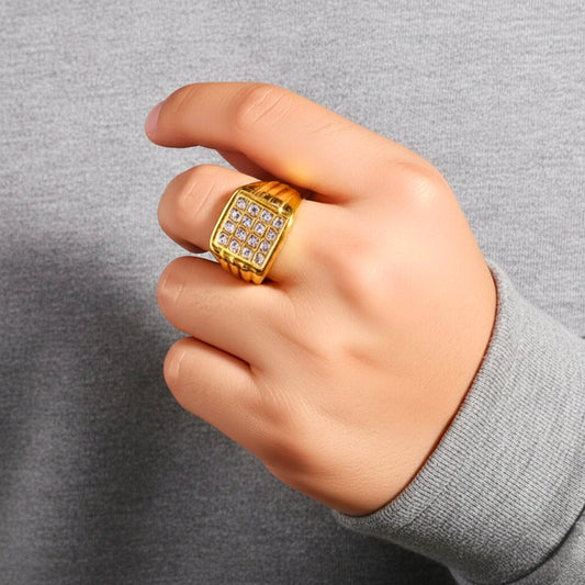 THE MEN THING Rings Royal Series - ARCLUME RING - Pure Stainless Steel Men’s Gold-Plated Ring – Statement Luxury Jewelry (Size : 17-19-22-24-27)