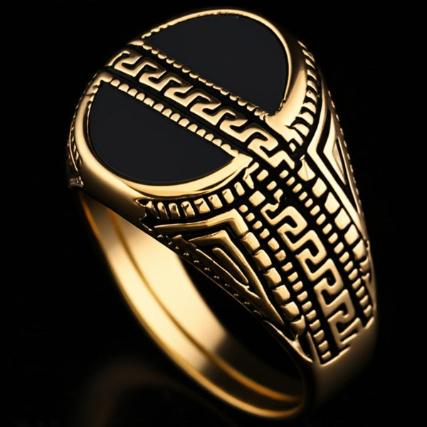 Royal Series - AURELIAN MAZE RING - Pure Stainless Steel Men’s Gold-Plated Ring – Statement Luxury Jewelry (Size : 16-21-23-26)