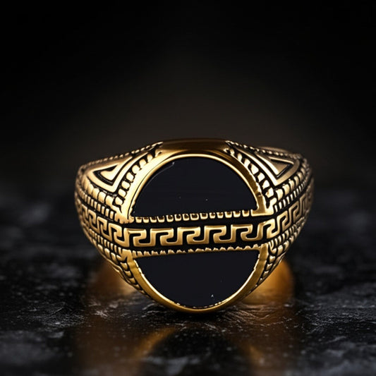 THE MEN THING Rings Royal Series - AURELIAN MAZE RING - Pure Stainless Steel Men’s Gold-Plated Ring – Statement Luxury Jewelry (Size : 16-21-23-26)