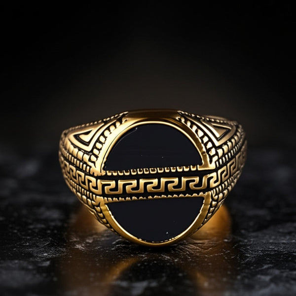 Royal Series - AURELIAN MAZE RING - Pure Stainless Steel Men’s Gold-Plated Ring – Statement Luxury Jewelry (Size : 16-21-23-26)