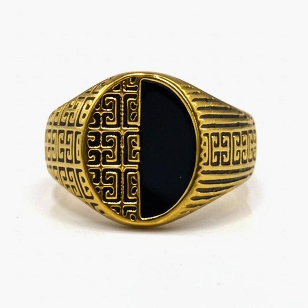 THE MEN THING Rings Royal Series - AURELIAN MAZE RING - Pure Stainless Steel Men’s Gold-Plated Ring – Statement Luxury Jewelry (Size : 17-19-22-27)