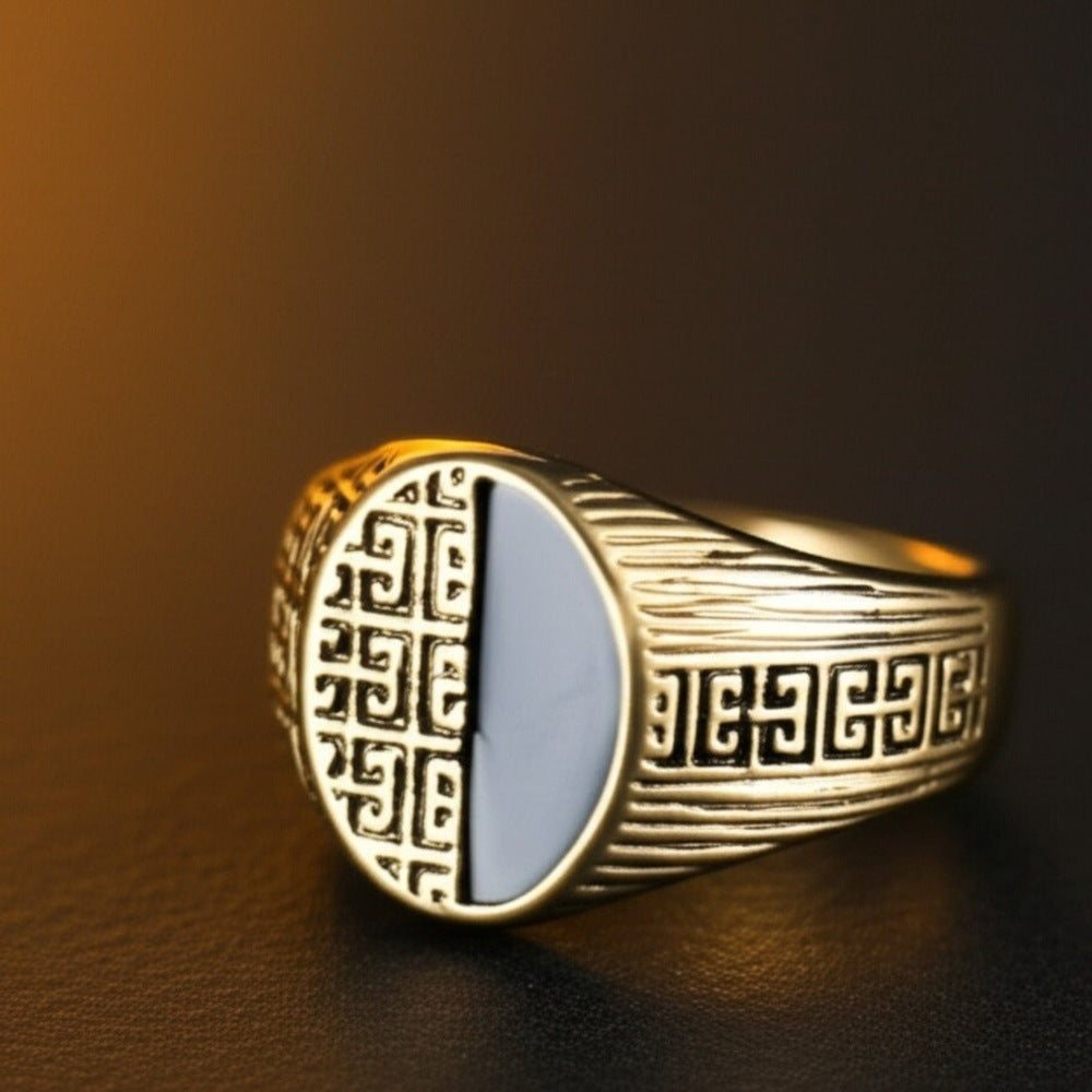 THE MEN THING Rings Royal Series - AURELIAN MAZE RING - Pure Stainless Steel Men’s Gold-Plated Ring – Statement Luxury Jewelry (Size : 17-19-22-27)