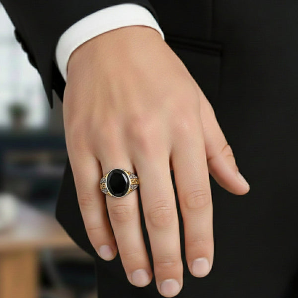 Royal Series - AURUM ECLIPSE RING - Pure Stainless Steel Men’s Gold-Plated Ring – Statement Luxury Jewelry (Size : 16-17-21-22)