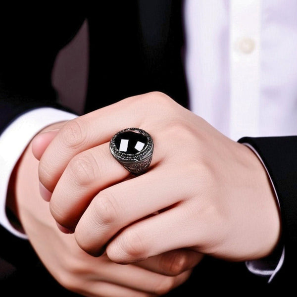 Royal Series - BLACKFIRE SIGNET RING - Pure Stainless Steel Men’s Black-Plated Ring – Statement Luxury Jewelry (Size : 18-21-23)