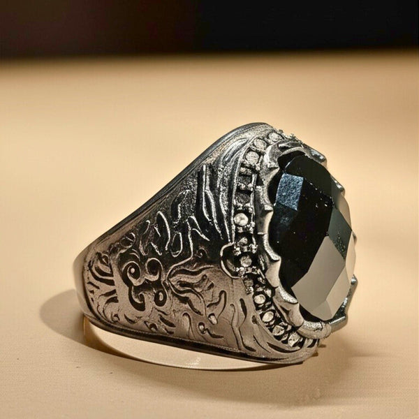 Royal Series - BLACKFIRE SIGNET RING - Pure Stainless Steel Men’s Black-Plated Ring – Statement Luxury Jewelry (Size : 18-21-23)