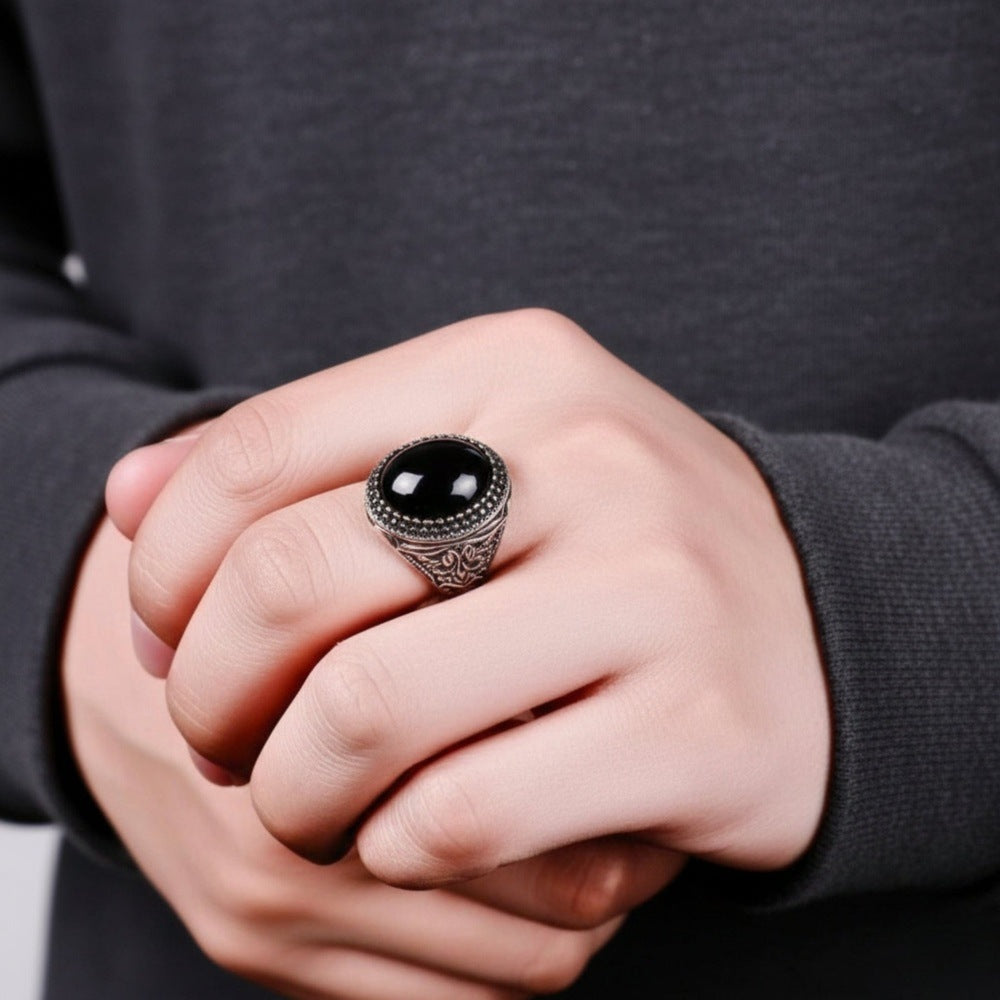 THE MEN THING Rings Royal Series - BLACKFIRE SIGNET RING - Pure Stainless Steel Men’s Black-Plated Ring – Statement Luxury Jewelry (Size : 18-21-23)