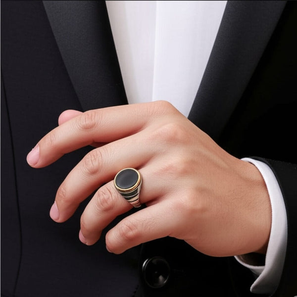 Royal Series - BLACKSTAR HALO RING - Pure Stainless Steel Men’s Steel-Gold-Plated Ring – Statement Luxury Jewelry (Size : 19-22-24-27)