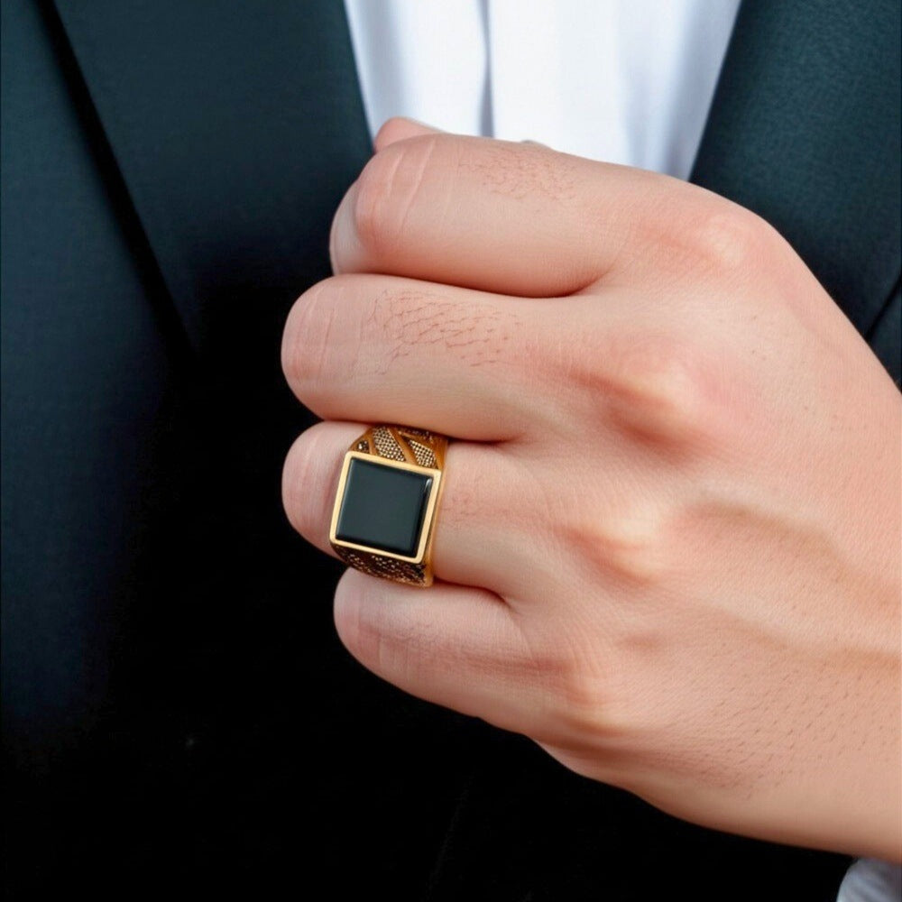 THE MEN THING Rings Royal Series - BLACKSTONE MAJESTY RING - Pure Stainless Steel Men’s Gold-Plated Ring – Statement Luxury Jewelry (Size : 16-19-21-27)