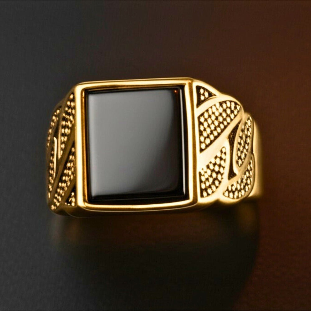 THE MEN THING Rings Royal Series - BLACKSTONE MAJESTY RING - Pure Stainless Steel Men’s Gold-Plated Ring – Statement Luxury Jewelry (Size : 16-19-21-27)