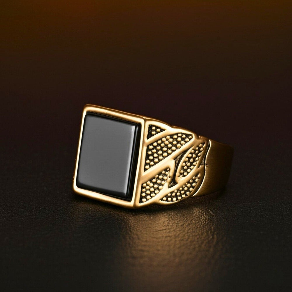 THE MEN THING Rings Royal Series - BLACKSTONE MAJESTY RING - Pure Stainless Steel Men’s Gold-Plated Ring – Statement Luxury Jewelry (Size : 16-19-21-27)
