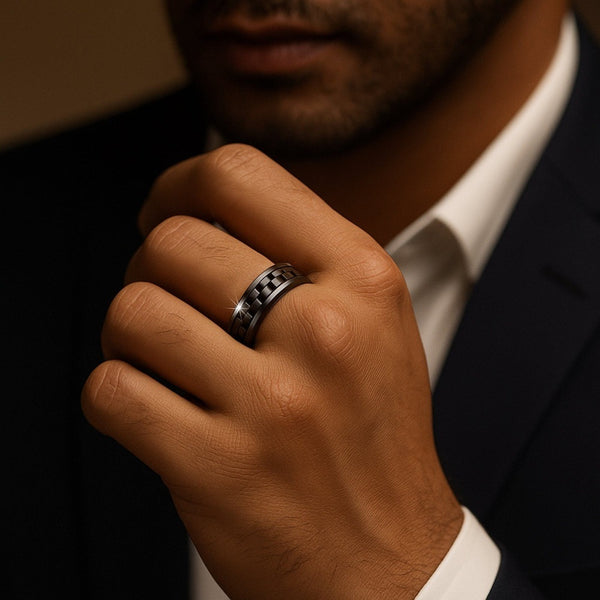 Royal Series - CARBON EDGE RING - Pure Stainless Steel Men’s Steel-Plated Black Ring – Statement Luxury Jewelry (Size : 19-22-24)
