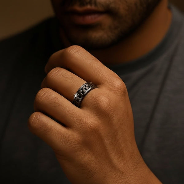 Royal Series - CARBON EDGE RING - Pure Stainless Steel Men’s Steel-Plated Black Ring – Statement Luxury Jewelry (Size : 19-22-24)