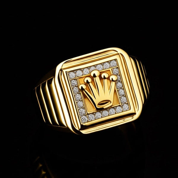 Royal Series - CROWN CODE RING - Pure Stainless Steel Men’s Gold-Plated Ring – Statement Luxury Jewelry (Size : 17-19-21-24-26)