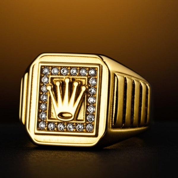 Royal Series - CROWN CODE RING - Pure Stainless Steel Men’s Gold-Plated Ring – Statement Luxury Jewelry (Size : 17-19-21-24-26)