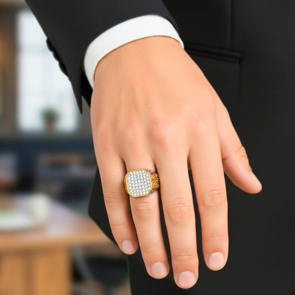 Royal Series - CROWN HEX RING - Pure Stainless Steel Men’s Gold-Plated Ring – Statement Luxury Jewelry (Size : 17-21-26)