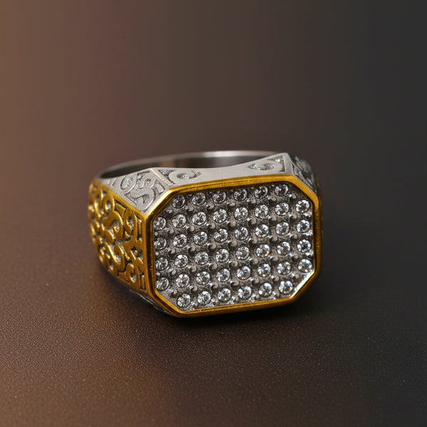 Royal Series - CROWN HEX RING - Pure Stainless Steel Men’s Gold-Plated Ring – Statement Luxury Jewelry (Size : 17-21-26)