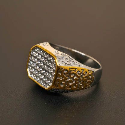 THE MEN THING Rings Royal Series - CROWN HEX RING - Pure Stainless Steel Men’s Gold-Plated Ring – Statement Luxury Jewelry (Size : 17-21-26)