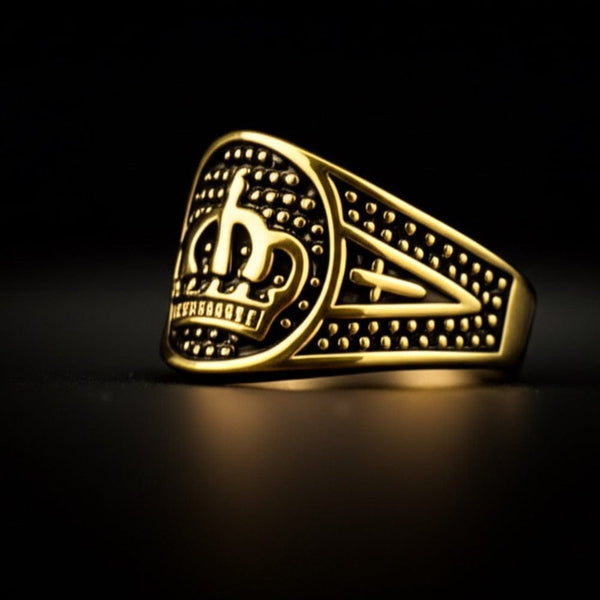 Royal Series - CROWN VALOR RING - Pure Stainless Steel Men’s Gold-Plated Crown Ring – Statement Luxury Jewelry (Size : 19-22-24)