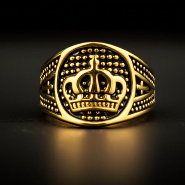 Royal Series - CROWN VALOR RING - Pure Stainless Steel Men’s Gold-Plated Crown Ring – Statement Luxury Jewelry (Size : 19-22-24)