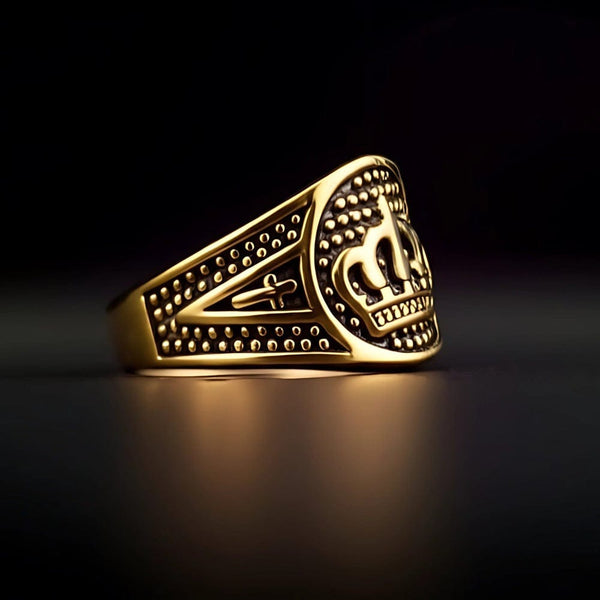 Royal Series - CROWN VALOR RING - Pure Stainless Steel Men’s Gold-Plated Crown Ring – Statement Luxury Jewelry (Size : 19-22-24)