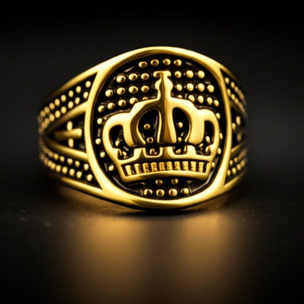Royal Series - CROWN VALOR RING - Pure Stainless Steel Men’s Gold-Plated Crown Ring – Statement Luxury Jewelry (Size : 19-22-24)