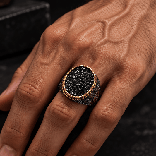 THE MEN THING Rings Royal Series - DARK HALO RING - Pure Stainless Steel Men’s Steel-Plated Black-Gold Ring – Statement Luxury Jewelry (Size : 16-21-26)