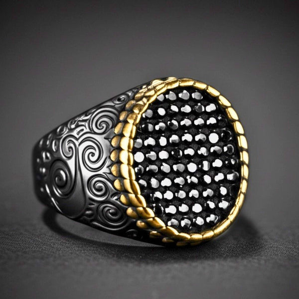 Royal Series - DARK HALO RING - Pure Stainless Steel Men’s Steel-Plated Black-Gold Ring – Statement Luxury Jewelry (Size : 16-21-26)