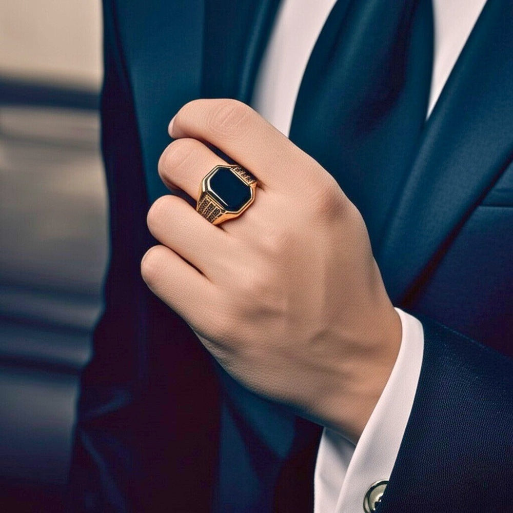 THE MEN THING Rings Royal Series - DARK REIGN RING - Pure Stainless Steel Men’s Gold-Plated Ring – Statement Luxury Jewelry (Size : 16-23-27)