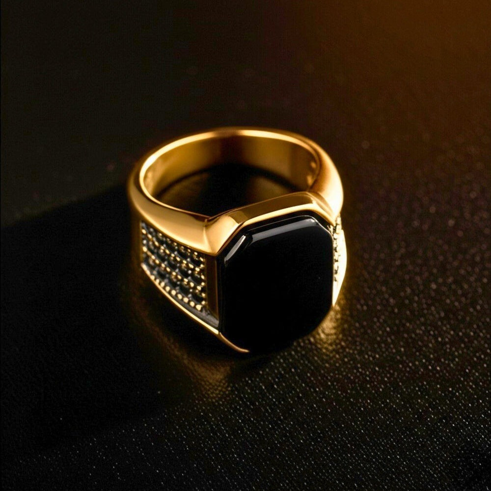 THE MEN THING Rings Royal Series - DARK REIGN RING - Pure Stainless Steel Men’s Gold-Plated Ring – Statement Luxury Jewelry (Size : 16-23-27)