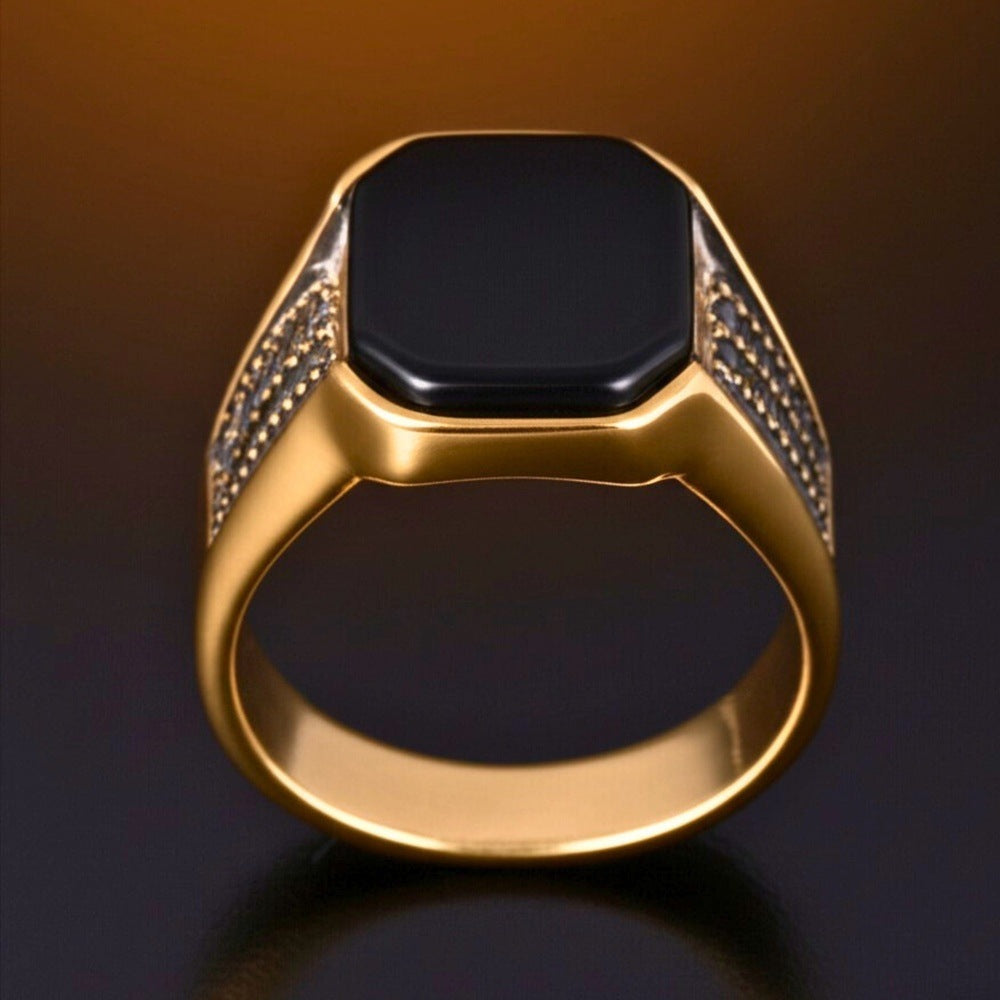 THE MEN THING Rings Royal Series - DARK REIGN RING - Pure Stainless Steel Men’s Gold-Plated Ring – Statement Luxury Jewelry (Size : 16-23-27)