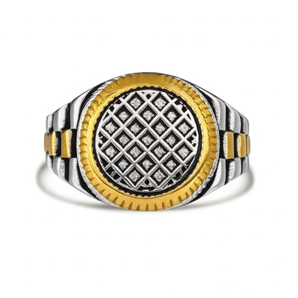 Royal Series - DOMINION GRID RING - Pure Stainless Steel Men’s Steel Gold-Plated Ring – Statement Luxury Jewelry (Size : 16-19-21-22-24-26)