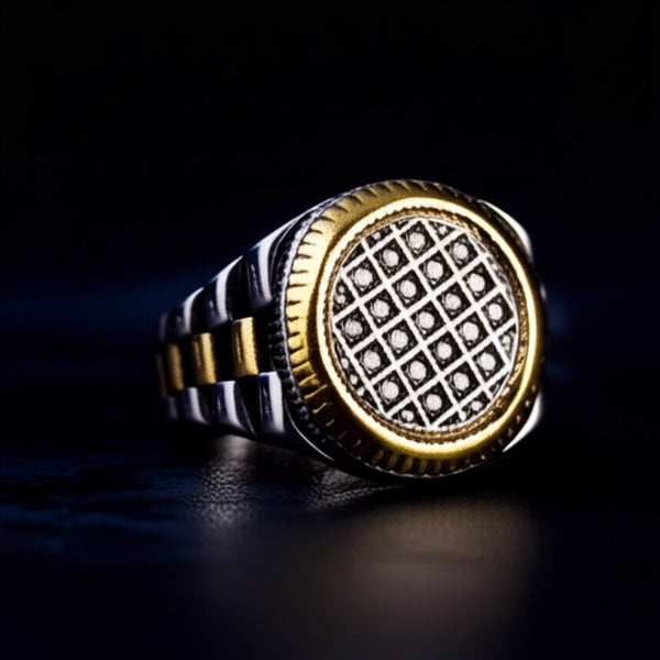 Royal Series - DOMINION GRID RING - Pure Stainless Steel Men’s Steel Gold-Plated Ring – Statement Luxury Jewelry (Size : 16-19-21-22-24-26)