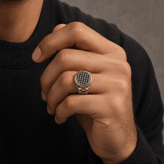 THE MEN THING Rings Royal Series - DOMINION GRID RING - Pure Stainless Steel Men’s Steel Gold-Plated Ring – Statement Luxury Jewelry (Size : 16-19-21-22-24-26)